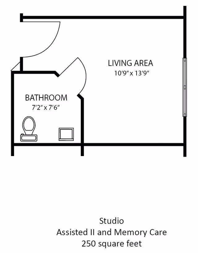 Floor plan of a studio unit at Aspen Grove showing a living area measuring 10 feet 9 inches by 13 feet 9 inches and a bathroom measuring 7 feet 2 inches by 7 feet 6 inches. The layout is designed for Assisted II and Memory Care with a total area of 250 square feet.