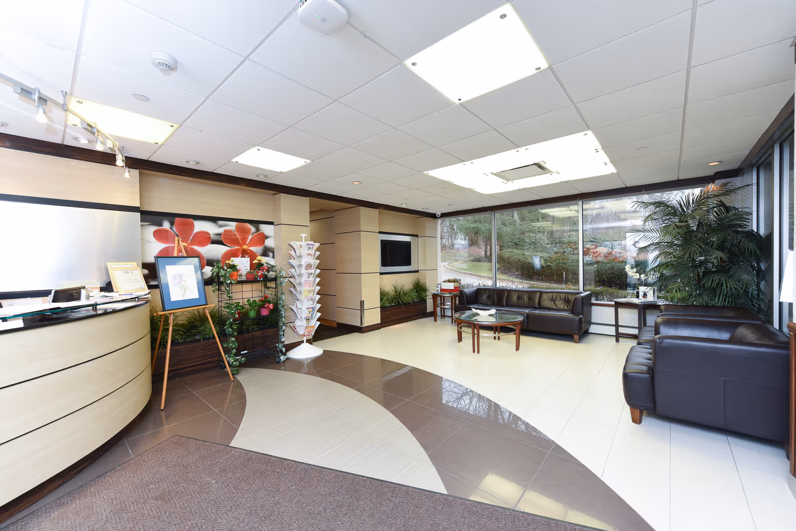 A bright and modern reception area with a curved wooden reception desk on the left, a display stand with brochures, and a framed picture on an easel. The room features large windows with a view of greenery outside, two black leather sofas, a glass coffee table, side tables, and decorative plants. The floor has a patterned tile design and the ceiling has recessed lighting panels.