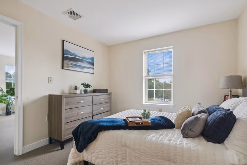 A bright bedroom with a neatly made bed featuring multiple pillows and a blue throw blanket. A wooden dresser with decorative plants and a framed landscape painting above it is against one wall. A window with blinds lets in natural light, and an open door leads to another room with a large plant visible.