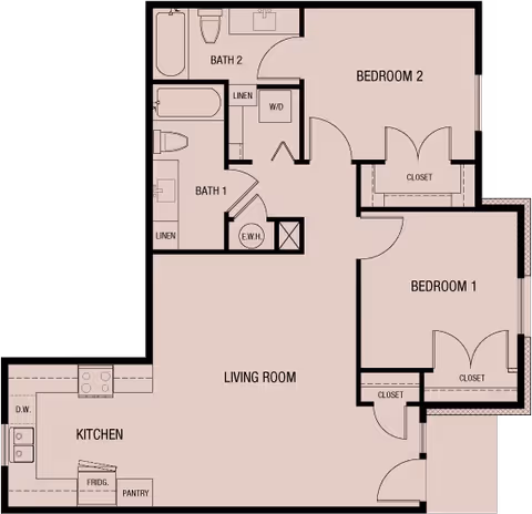 Floor plan of a residential unit showing two bedrooms, two bathrooms, a kitchen with pantry and dishwasher, a living room, closets, linen storage, and a washer/dryer area.