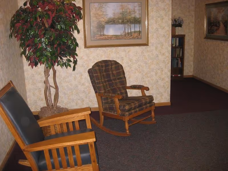 A cozy interior corner with two wooden chairs, one with dark leather cushions and the other a plaid cushioned rocking chair. There is a tall potted plant with red and green leaves, a framed landscape painting on the wall, and a small bookshelf with books and a flower vase in the background.