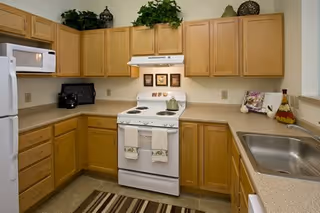 A kitchen with light wood cabinets, beige countertops, a white electric stove with a range hood, a microwave, a coffee maker, a stainless steel sink, and decorative plants and items on top of the cabinets and countertop.