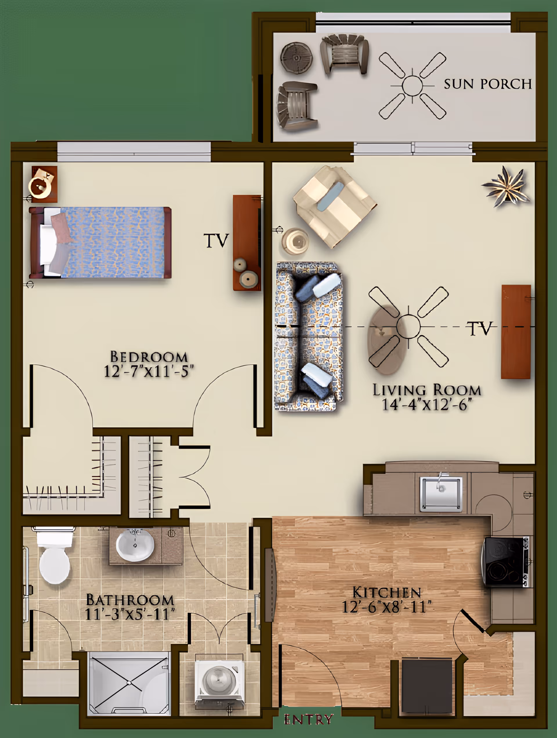 Floor plan of a senior living unit at Harmony at Oakbrooke showing a bedroom with a bed and TV, a living room with sofa, armchair, coffee table, and TV, a kitchen with appliances and sink, a bathroom with toilet, sink, and shower, a sun porch with chairs, and an entry area.