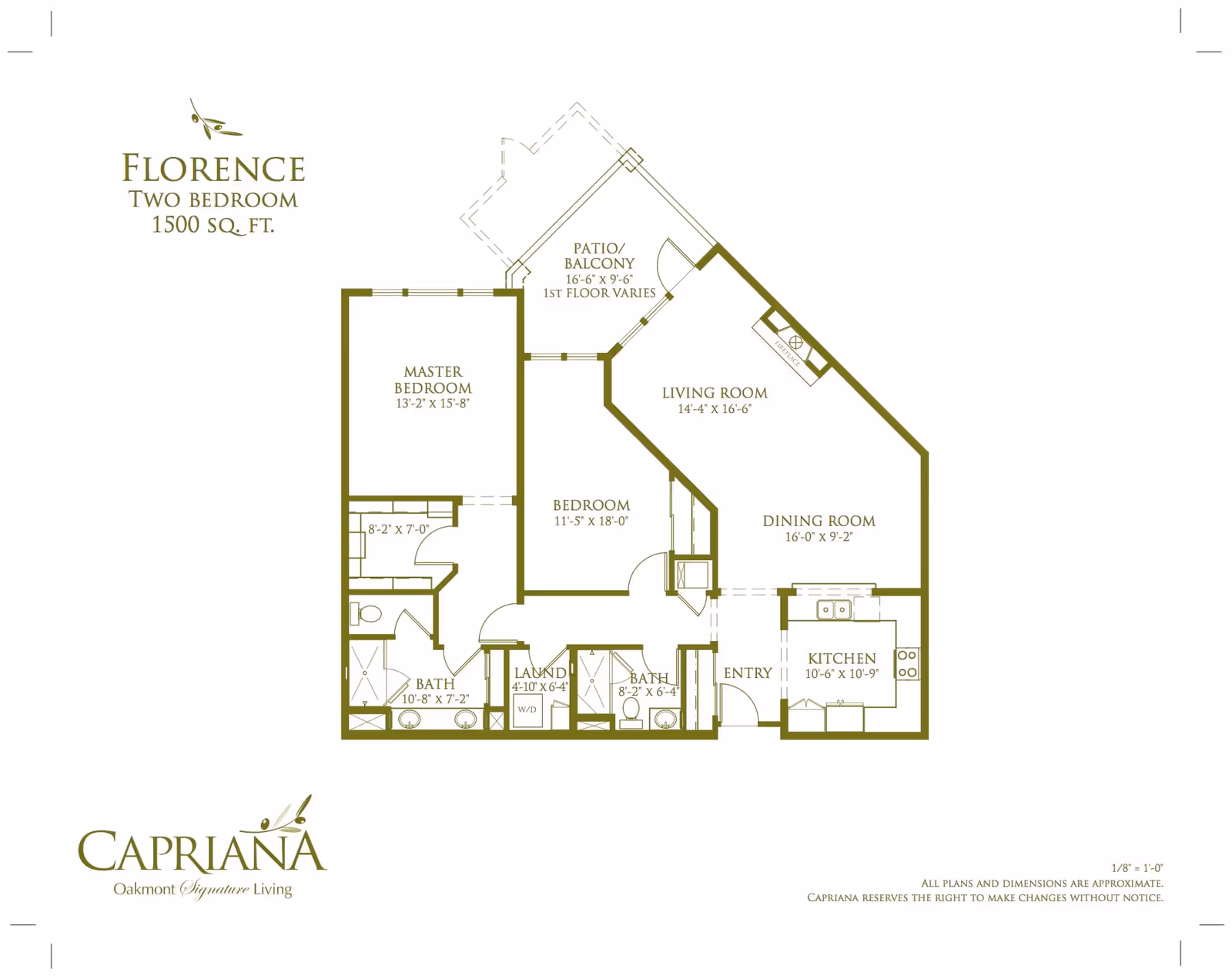 Floor plan of a two-bedroom apartment named Florence with 1500 square feet. It includes a master bedroom, a second bedroom, two bathrooms, a laundry area, a living room, a dining room, a kitchen, an entryway, and a patio/balcony.