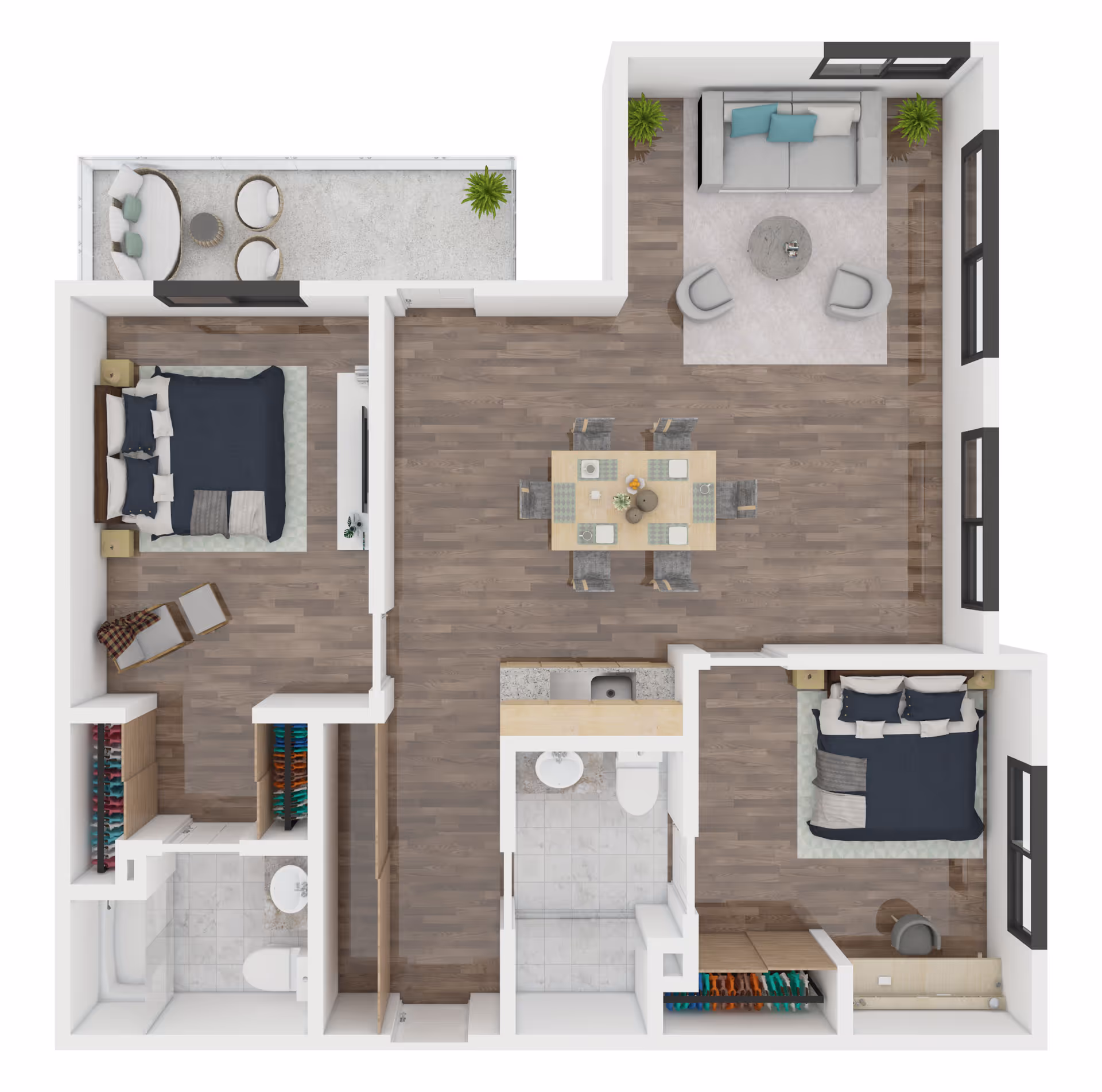 Top-down rendered floor plan of a two-bedroom apartment showing an open living and dining area, kitchen, two bedrooms, two bathrooms, closets, and a balcony.