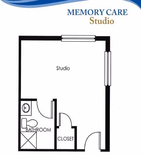 Floor plan of a memory care studio apartment showing a main studio room, a bathroom with a toilet, sink, and shower, and a closet near the entrance.