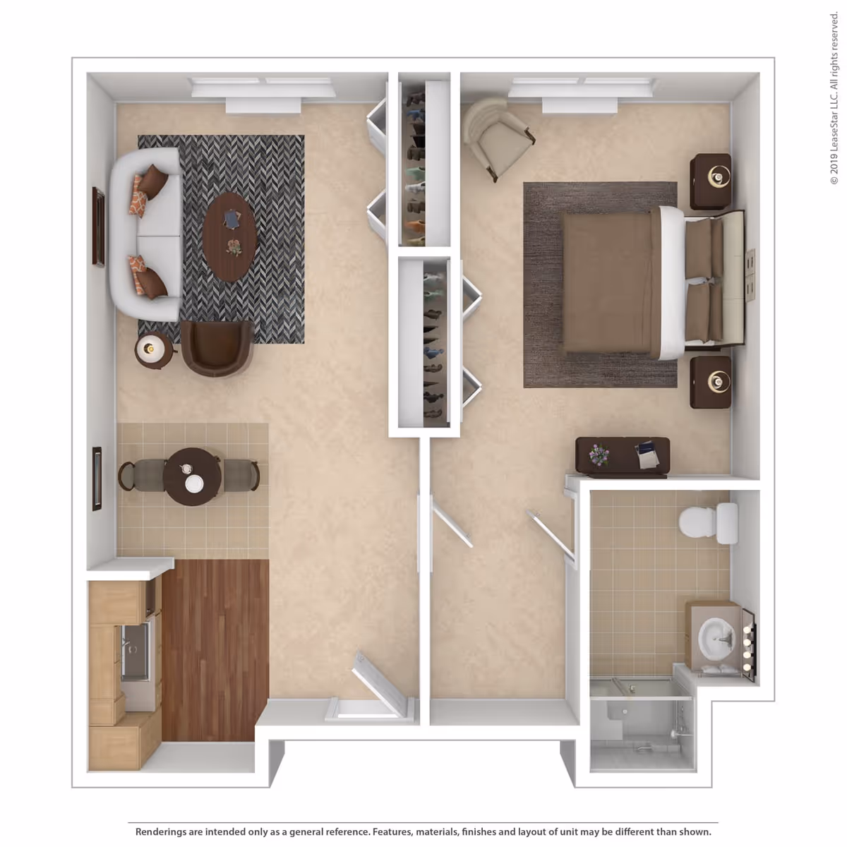 Top-down floor plan of a one-bedroom apartment showing a living room, dining area, kitchen, bedroom, bathroom, and closets.