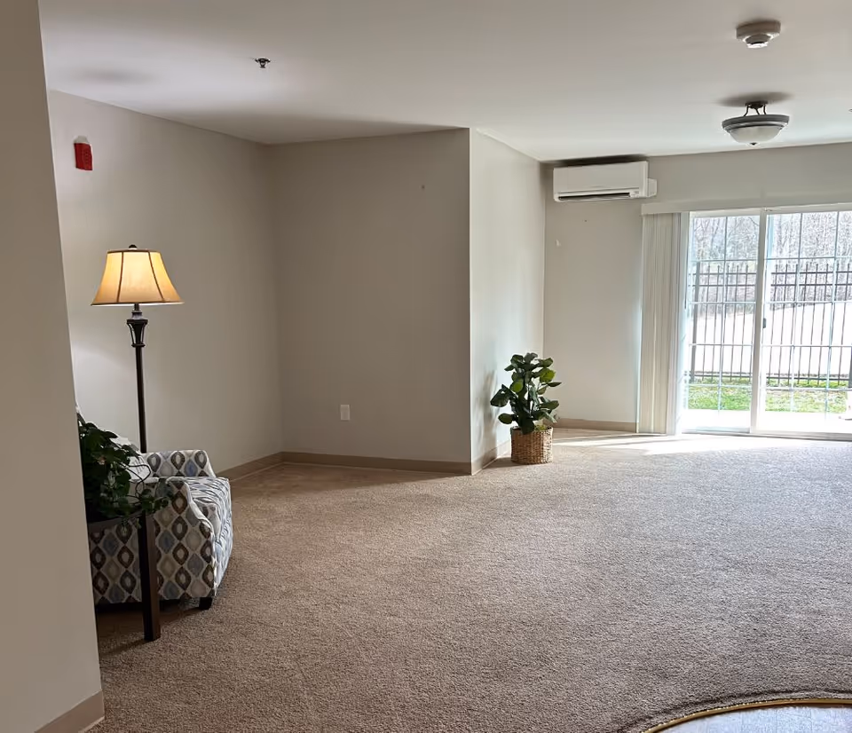 Carpeted living area with an armchair and floor lamp in the corner, potted plants, and sliding glass doors letting in natural light.