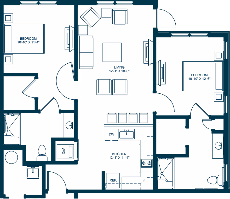 Blueprint floor plan of a two-bedroom, two-bath apartment showing a living room, kitchen, and labeled room dimensions.