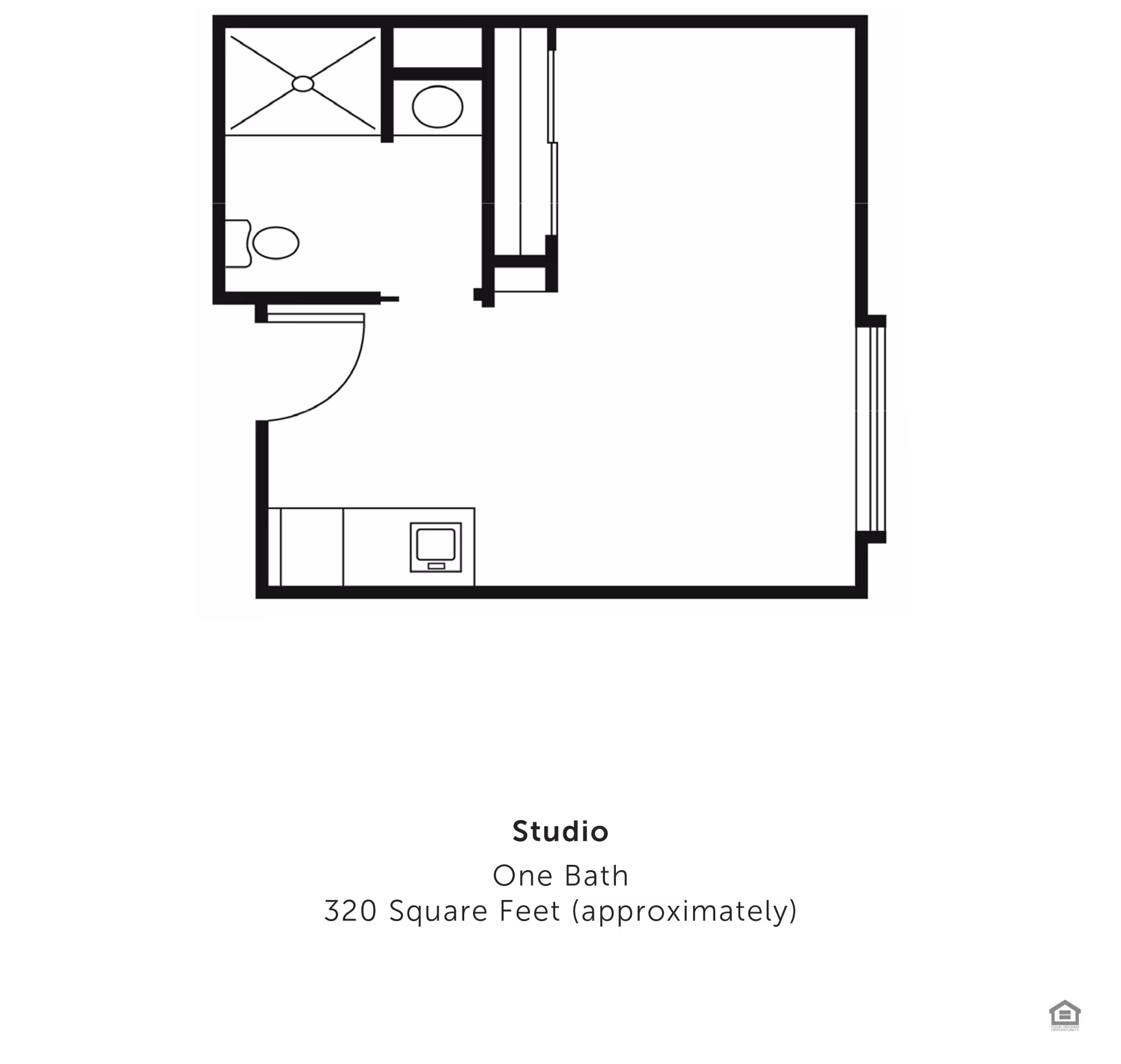Black-and-white floor plan diagram of a studio apartment showing a bathroom, kitchenette and open living area labeled with size information.