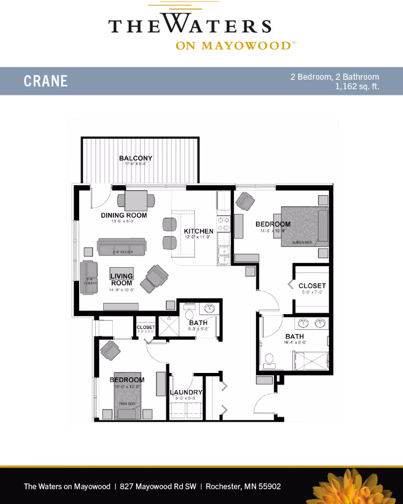 Floor plan of a two-bedroom, two-bathroom apartment named Crane at The Waters on Mayowood. The layout includes a balcony, dining room, kitchen, living room, two bedrooms (one with a queen bed and one with a twin bed), two bathrooms, closets, and a laundry area.