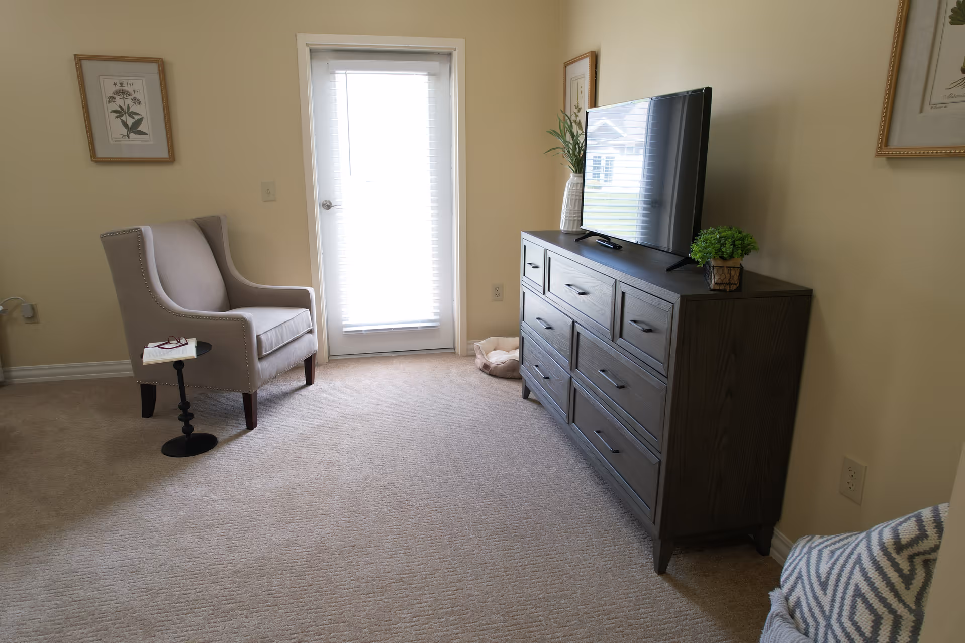 A cozy living room area with a beige armchair next to a small round black side table holding a book and glasses. A large wooden dresser with multiple drawers supports a flat-screen TV and two small potted plants. The room has beige carpet and walls, with framed botanical prints hanging on the walls. A door with white blinds lets in natural light.