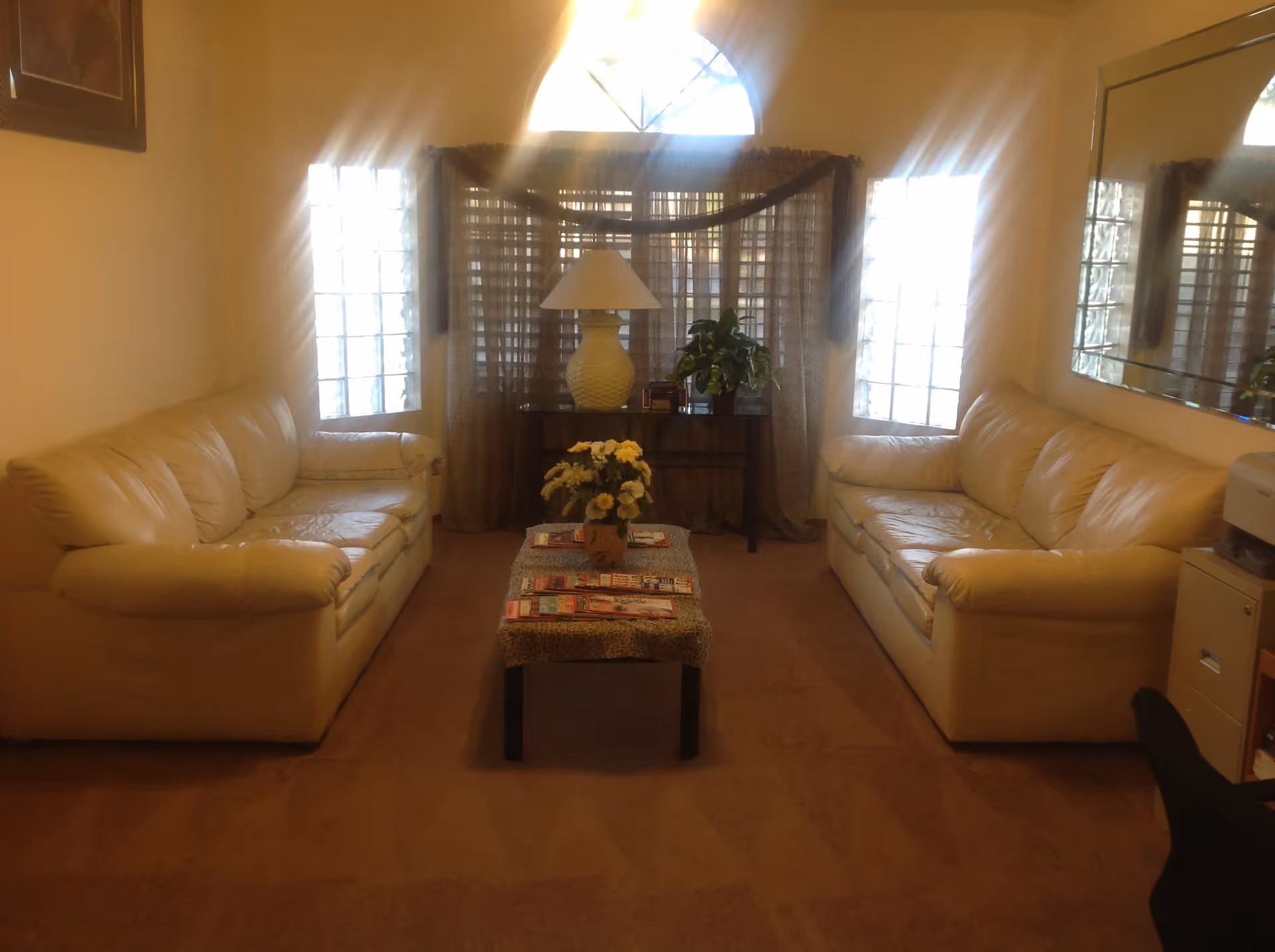 A cozy living room with two beige leather sofas facing each other, a coffee table with magazines and a flower vase in the center, a table with a lamp and a plant against the back wall, and windows with curtains allowing natural light to enter.