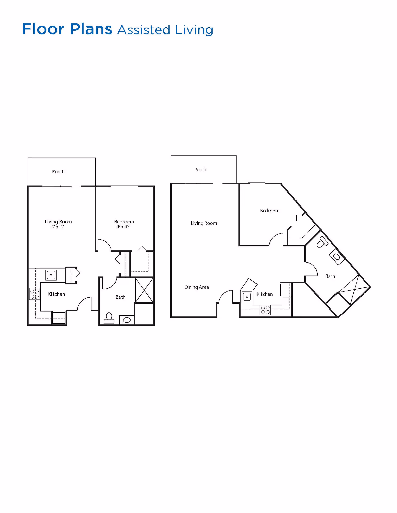 Two assisted living floor plans showing layouts with labeled rooms including porch, living room, bedroom, kitchen, bath, and dining area.
