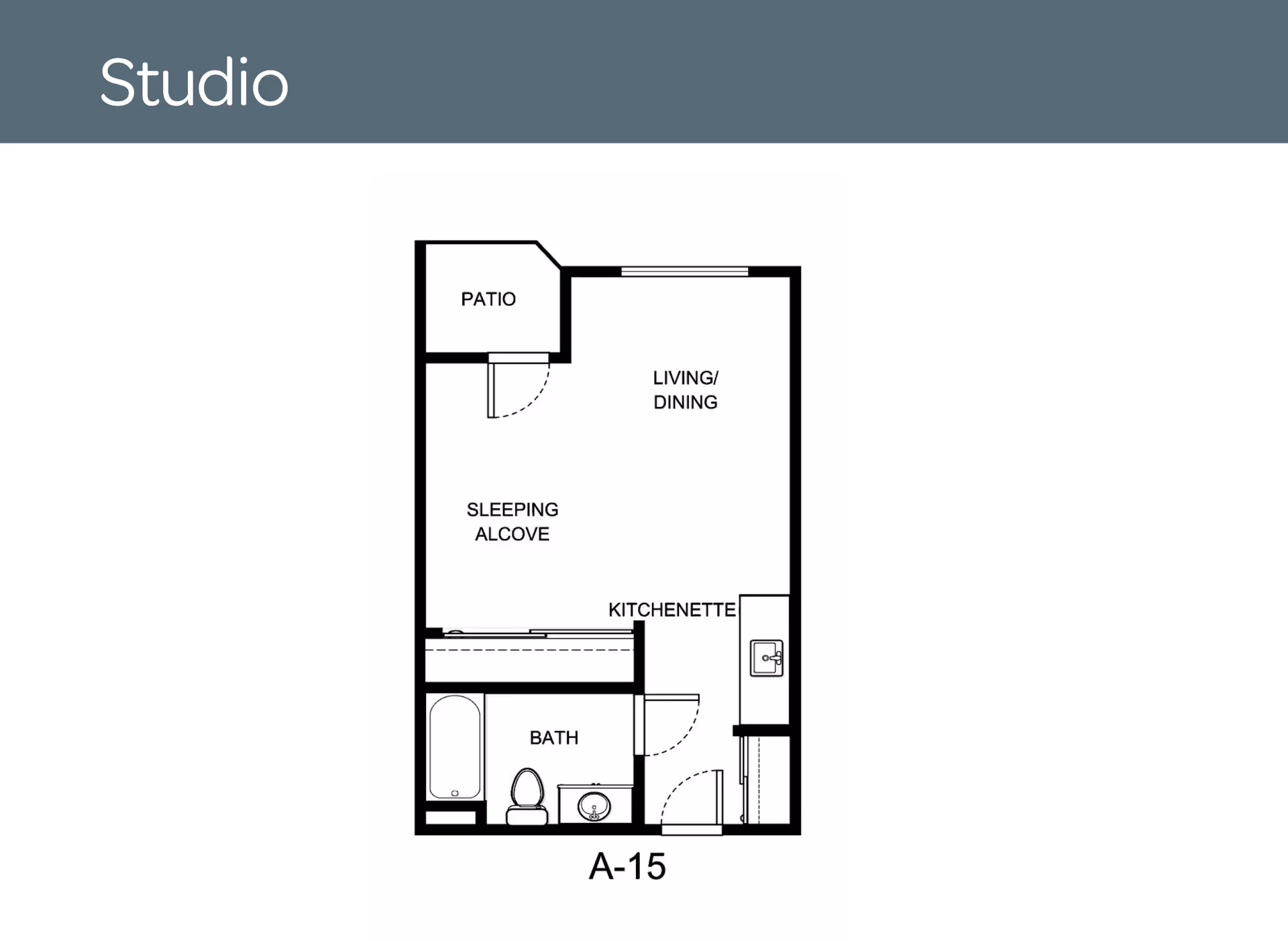 Floor plan labeled A-15 showing a studio layout with a patio, living/dining area, sleeping alcove, kitchenette, and a bathroom with a bathtub, toilet, and sink.