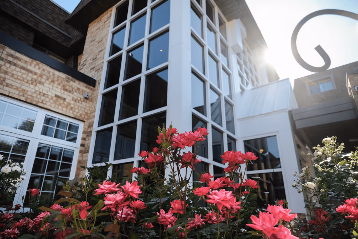 Exterior view of a building with large windows and brick walls, surrounded by blooming pink and white flowers in the foreground, with sunlight shining from the top right corner.