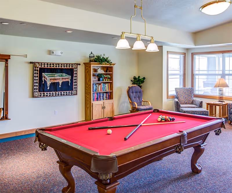 A well-lit recreational room with a red felt pool table in the center, two pool cues and a cue ball on the table, a wooden bookshelf filled with books and decorative plants, a framed picture of a pool table on the wall, two armchairs near large windows with natural light, and a small side table with a lamp.