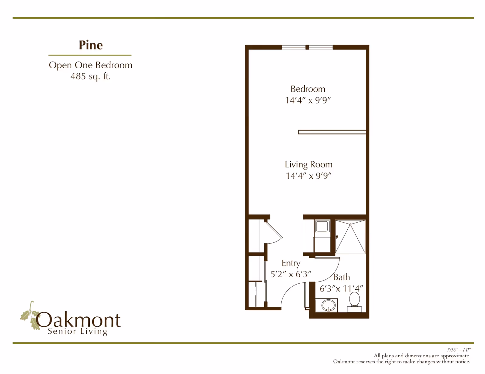 Floor plan of Pine, an open one-bedroom apartment with 485 square feet. The layout includes a bedroom measuring 14 feet 4 inches by 9 feet 9 inches, a living room of the same size, an entry area measuring 5 feet 2 inches by 6 feet 3 inches, and a bathroom measuring 6 feet 3 inches by 11 feet 4 inches. The Oakmont Senior Living logo is displayed at the bottom left.