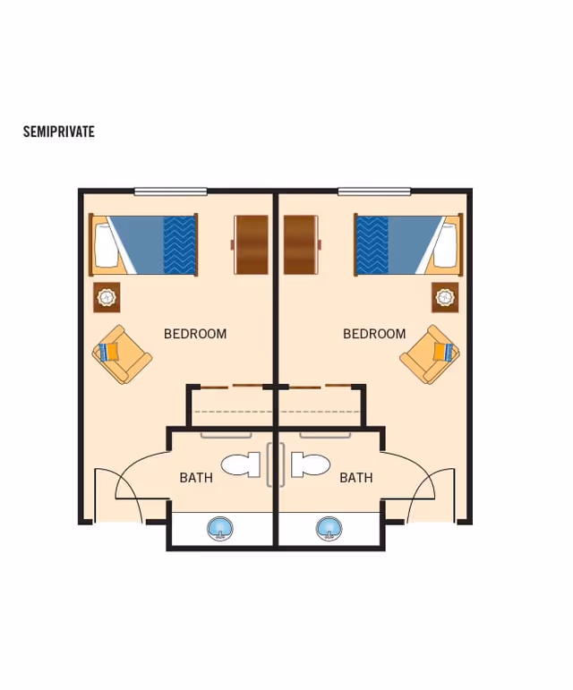 Diagram floor plan of two mirrored semiprivate bedrooms each with a bed, chair, closet and an attached bathroom.