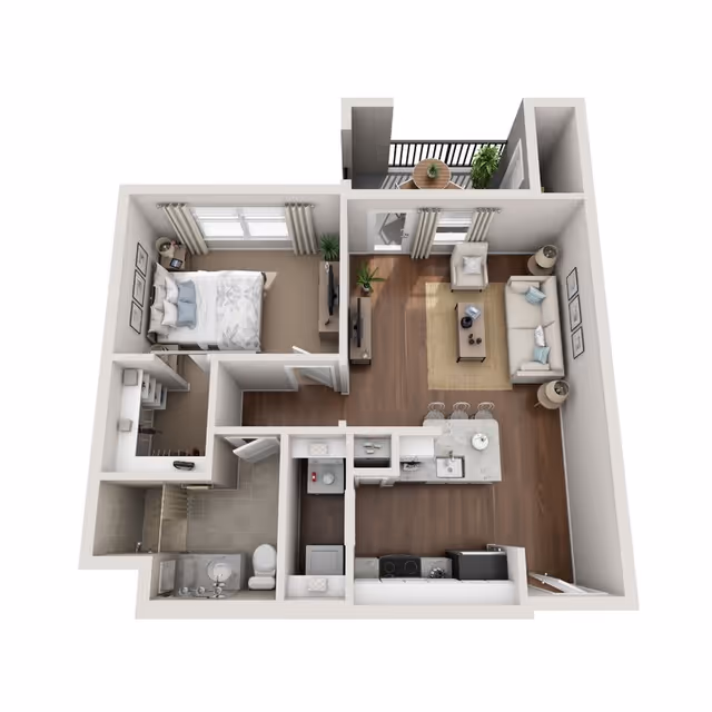 3D floor plan of a one-bedroom apartment featuring a bedroom with a bed and nightstand, a bathroom with a shower and toilet, a kitchen with appliances and an island with bar stools, a living room with a sofa, armchair, coffee table, TV, and access to a balcony with outdoor seating.