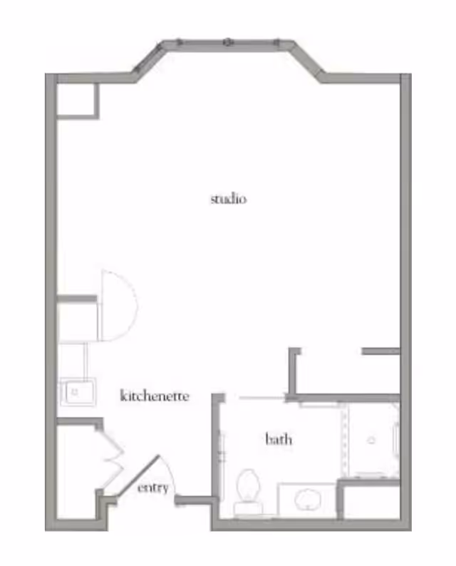 Floor plan of a studio apartment at Atria Woodbriar Place showing an entry area, kitchenette, studio living space, and a bathroom with a toilet, sink, and shower.