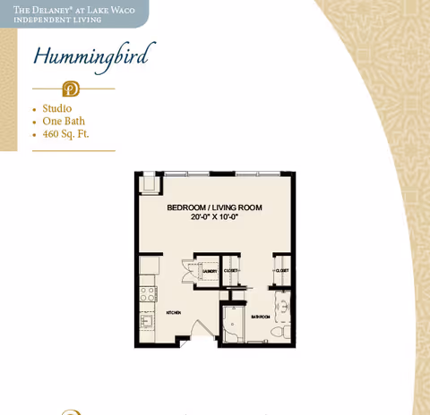 Studio floor plan labeled "Hummingbird" showing a 460 sq. ft. one-bath layout with combined bedroom/living area, kitchen, bathroom and closets.