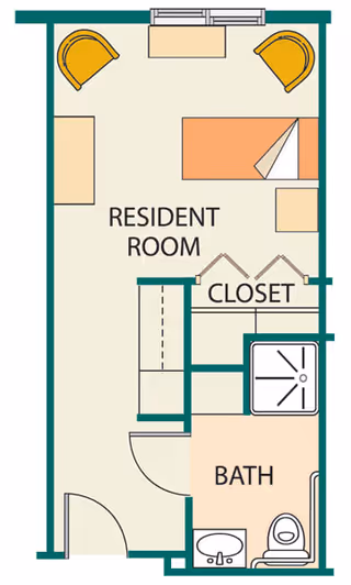 Floor plan of a resident room in Garden Square Assisted Living of Casper, showing a bed, two chairs, a closet, and an attached bathroom with a shower, sink, and toilet.