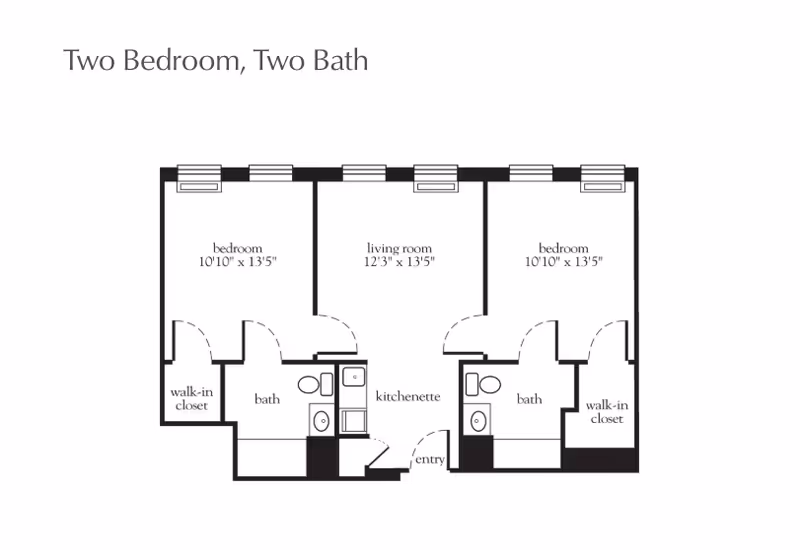 Floor plan of a two-bedroom, two-bath apartment with two bedrooms each measuring 10'10" x 13'5", a living room measuring 12'3" x 13'5", two bathrooms, two walk-in closets, a kitchenette, and an entry area.