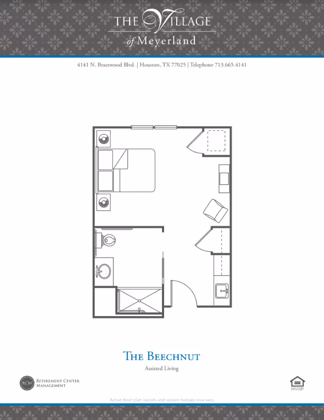 Black-and-white floor plan titled 'The Beechnut' showing a studio assisted-living layout with a bed, bathroom, kitchenette and seating area.
