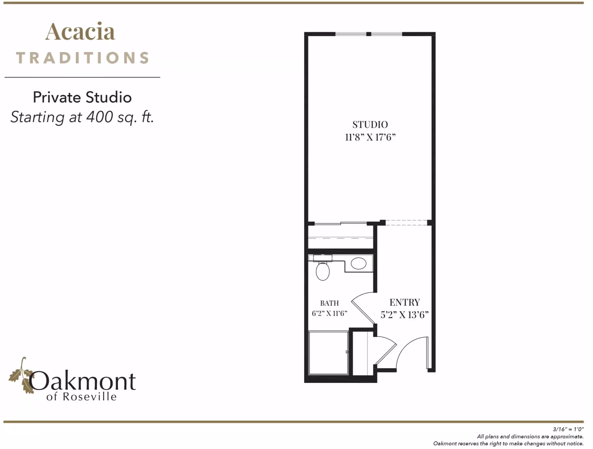 Black-and-white floor plan for a private studio apartment at Oakmont of Roseville showing a studio, entry and bath with dimensions and branding.