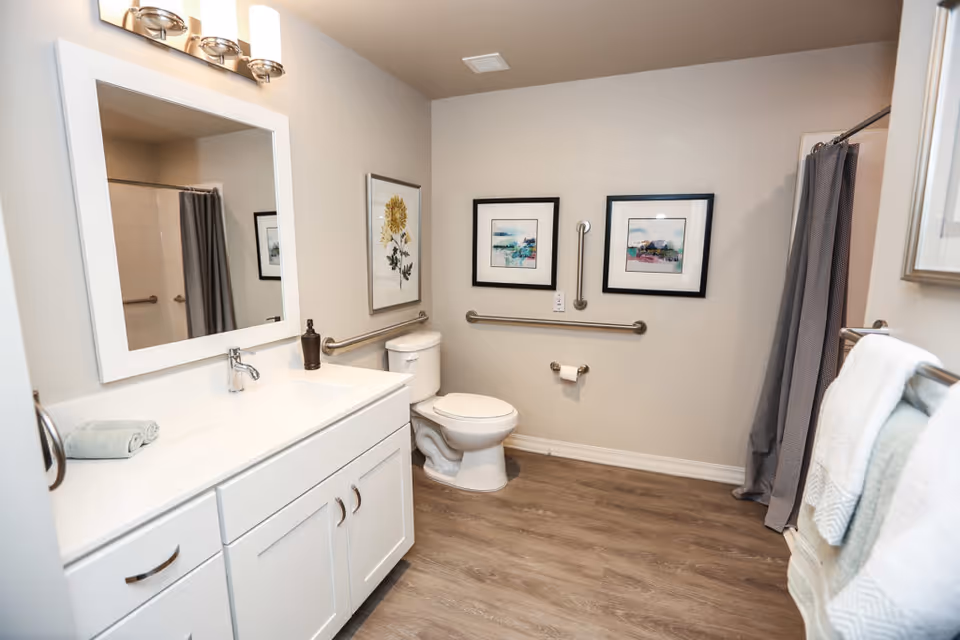 A clean and modern bathroom with a white vanity and sink on the left, a large mirror above it, and a toilet in the corner. The walls are light beige with three framed pictures hanging above the toilet. There are grab bars installed near the toilet and in the shower area, which has a gray curtain. Towels are neatly hung on a rack to the right. The floor has wood-like vinyl flooring.