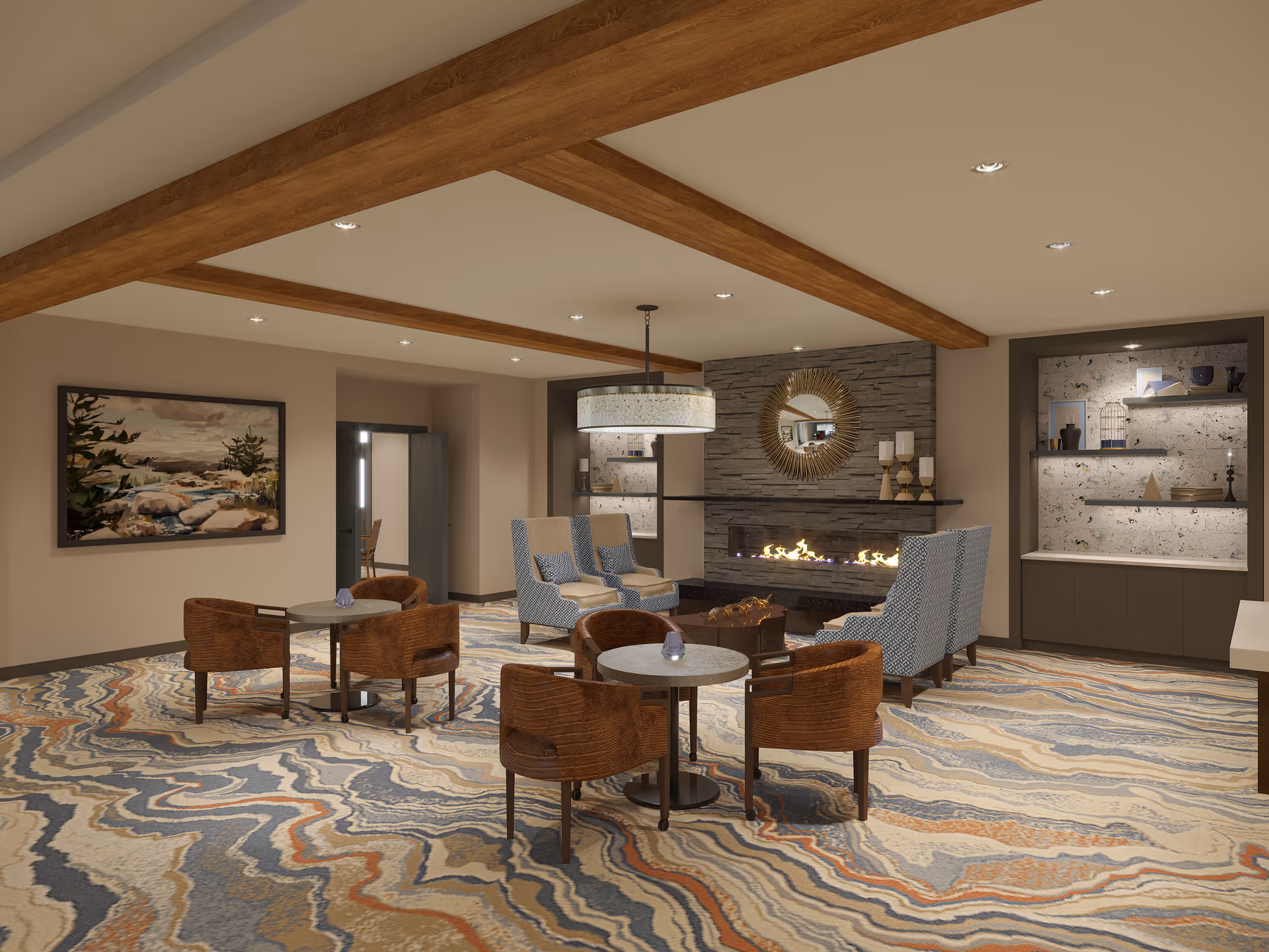 Spacious seating lounge with several chairs and small tables arranged around a modern fireplace and built-in shelving.