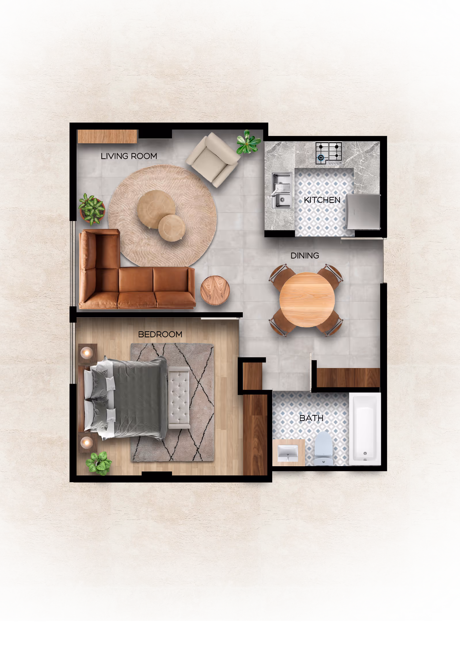 Top-down view of a one-bedroom apartment floor plan showing labeled areas including a living room with a sofa, armchair, round rug, and plants; a kitchen with a stove, sink, and refrigerator; a dining area with a round table and four chairs; a bedroom with a bed, nightstands, lamps, and a rug; and a bathroom with a sink, toilet, and bathtub.