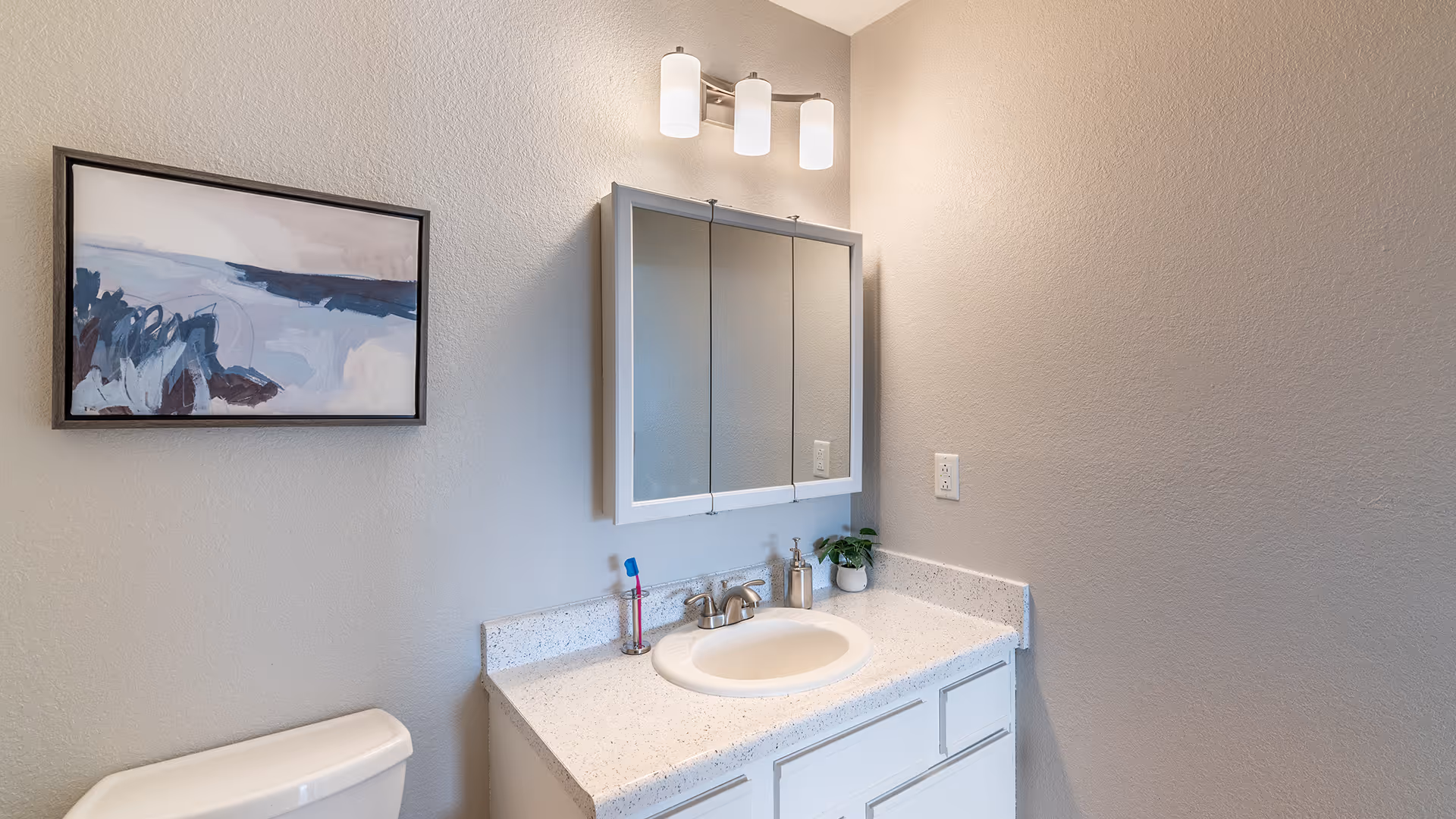 A clean bathroom vanity with a white countertop, an oval sink, a three-light fixture above a mirrored medicine cabinet, a toothbrush holder with two toothbrushes, a soap dispenser, and a small potted plant. A framed abstract painting hangs on the wall above the toilet.