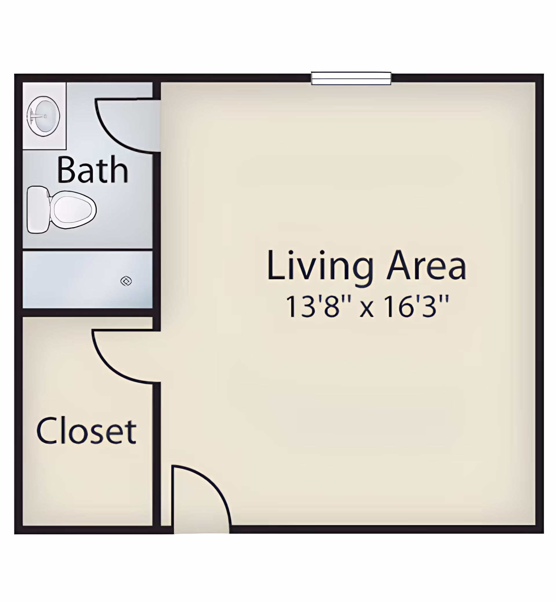 Floor plan layout showing a living area measuring 13 feet 8 inches by 16 feet 3 inches, with an adjacent bathroom and closet.