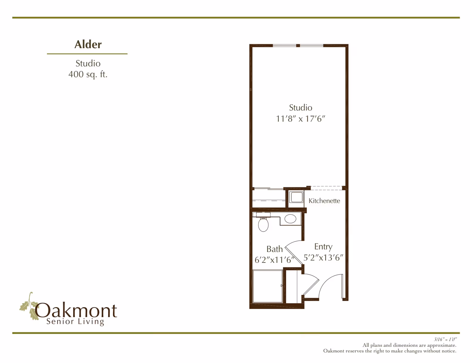Floor plan of a studio apartment named Alder at Oakmont Senior Living, showing a 400 sq. ft. layout with a studio area measuring 11 feet 8 inches by 17 feet 6 inches, a kitchenette, a bathroom measuring 6 feet 2 inches by 11 feet 6 inches, and an entry area measuring 5 feet 2 inches by 13 feet 6 inches.