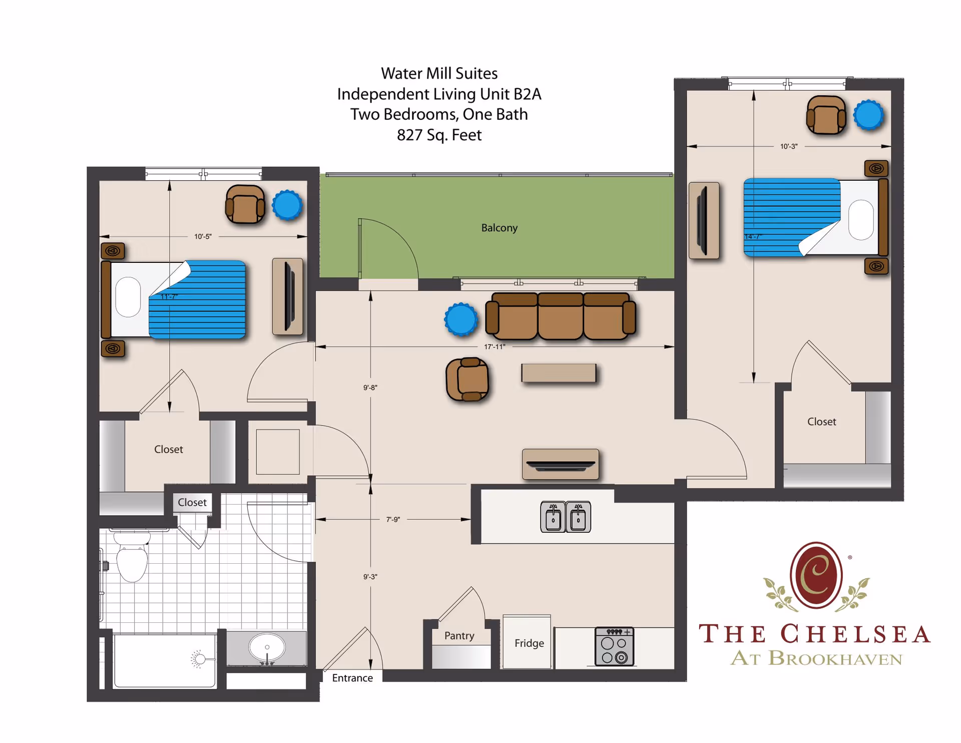 Floor plan of Water Mill Suites Independent Living Unit B2A at The Chelsea at Brookhaven, showing two bedrooms, one bathroom, a kitchen with pantry and fridge, a living room with sofa and chairs, and a balcony. The total area is 827 square feet.