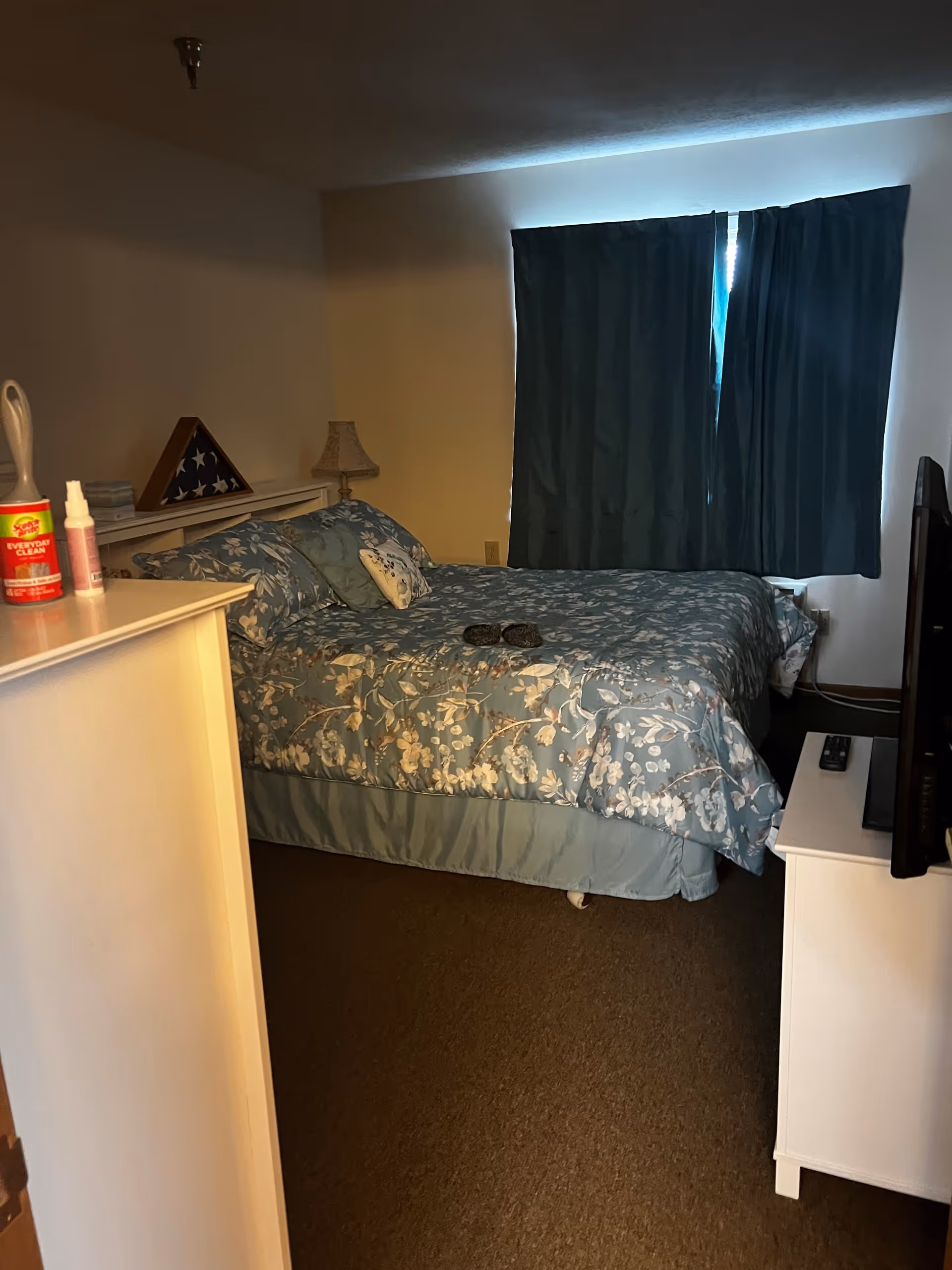 A bedroom with a bed covered in a blue floral comforter and matching pillows. There is a small white dresser with cleaning supplies on top, a lamp on a nightstand, and a TV on a white stand. The window is covered with dark blue curtains.