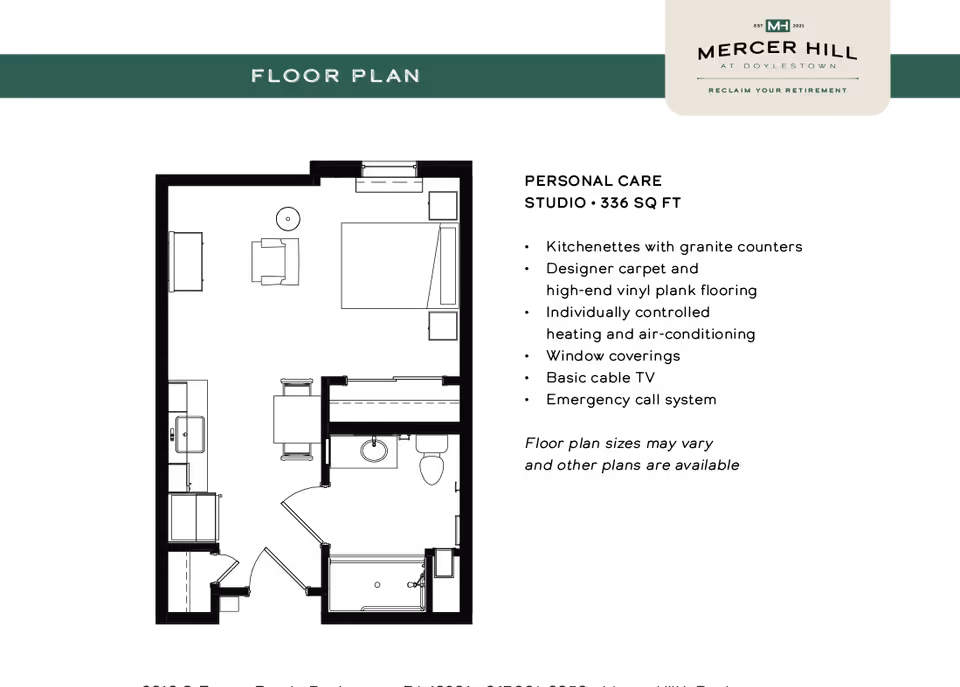 Dark image showing a faint apartment floor plan with a green banner labeled 'FLOOR PLAN' and a Mercer Hill at Doylestown logo in the top-right.