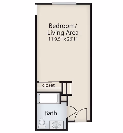 Floor plan of a studio apartment with a combined bedroom and living area measuring 11 feet 9.5 inches by 26 feet 1 inch, a closet, and a bathroom with a toilet, bathtub, and sink.