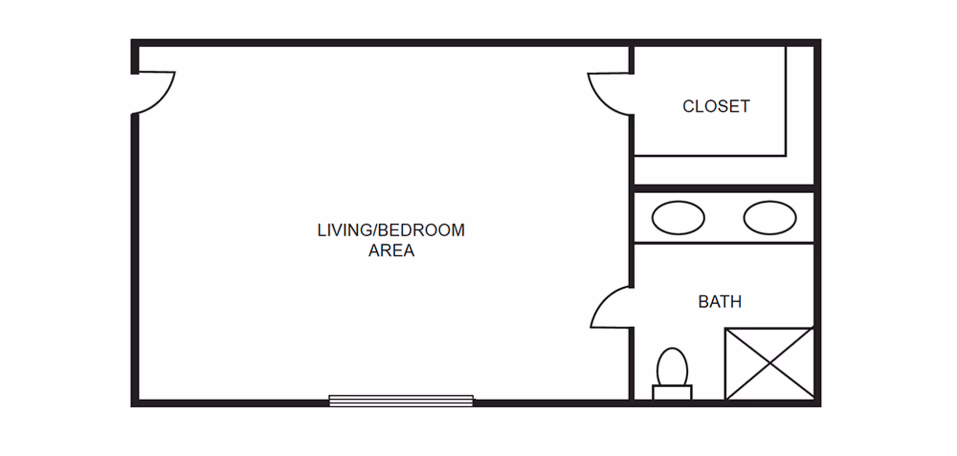 Black-and-white floor plan of a studio-style unit showing a large living/bedroom area, a closet, and a bathroom with double sinks, toilet, and shower.