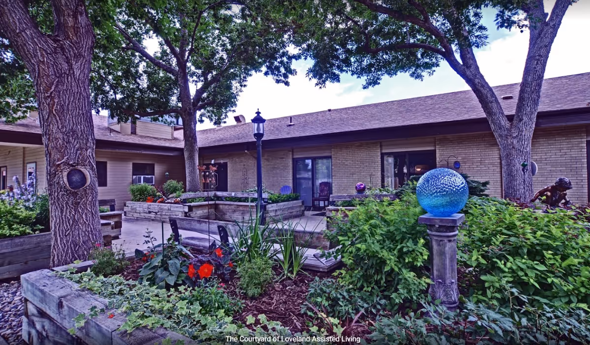 Outdoor courtyard area at The Courtyard of Loveland Assisted Living featuring raised garden beds with various plants and flowers, large trees providing shade, a decorative blue glass orb on a pedestal, a lamppost, and a brick building with windows and sliding doors in the background.