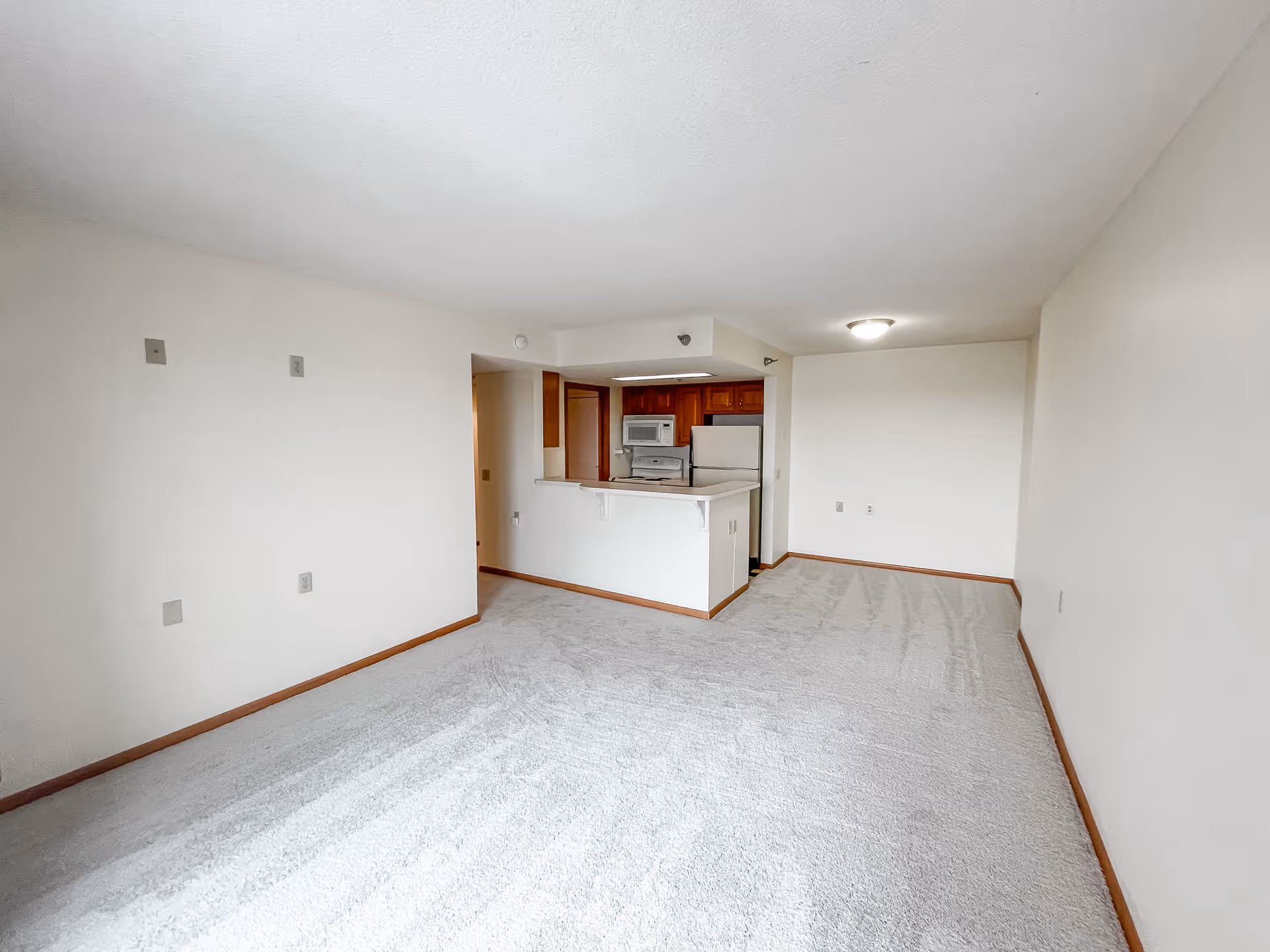 Empty room with light-colored carpet and white walls, featuring a small kitchen area with wooden cabinets, a white refrigerator, stove, and microwave. The room has a ceiling light and an open layout connecting the kitchen and living space.