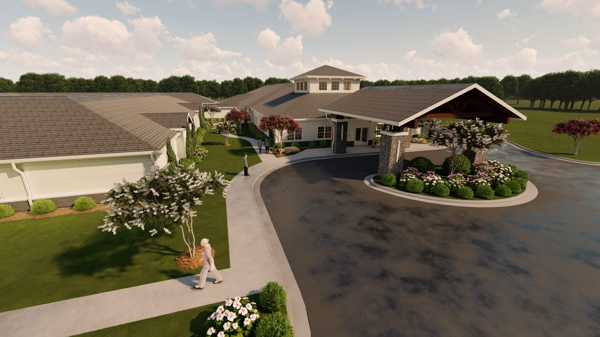 Exterior view of a senior living facility named New Horizon Senior Living, showing a large building with a covered entrance, landscaped gardens with flowering bushes and trees, a paved driveway, and a person walking on the sidewalk.