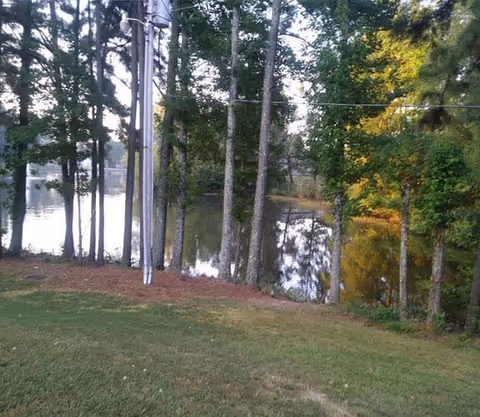 A scenic outdoor view featuring a grassy area leading to a small body of water surrounded by tall trees with green and yellow foliage.