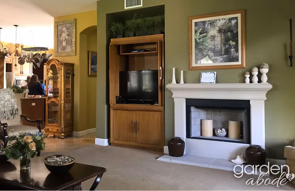 Cozy living room with a fireplace, TV cabinet, and decorative accents.