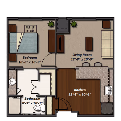 Floor plan of a one-bedroom apartment at Harmony at Martinsburg showing a bedroom, living room, kitchen, and bathroom with dimensions and furniture layout.