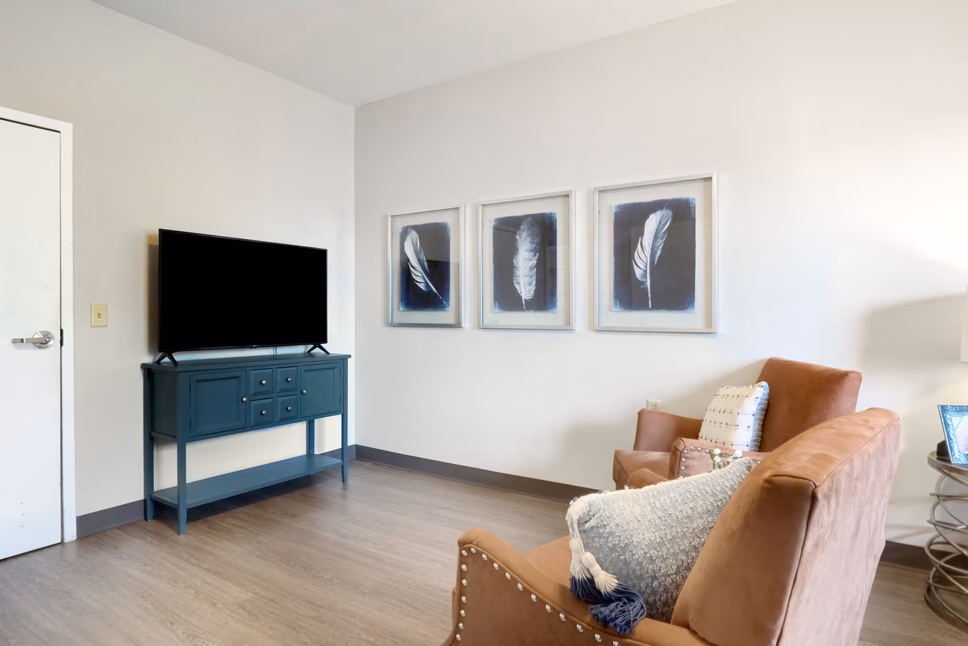 A cozy living room area with two brown armchairs adorned with decorative pillows, a blue console table holding a flat-screen TV, and three framed feather artworks on the wall.