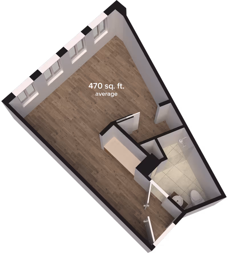 3D floor plan of a 470 square feet average studio apartment with a main living area, a small kitchen counter, and a bathroom with a shower, toilet, and sink.