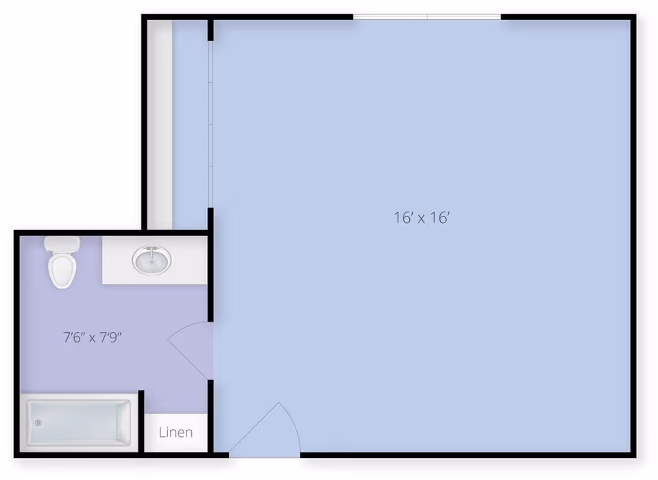 Floor plan showing a 16 by 16 feet main room connected to a bathroom measuring 7 feet 6 inches by 7 feet 9 inches, which includes a toilet, sink, bathtub, and a linen closet.